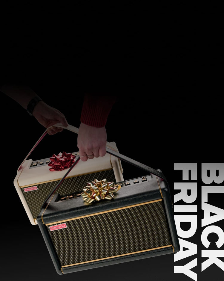 Two Positive Grid Spark series amps with ribbons on a black background with 'Black Friday' text.